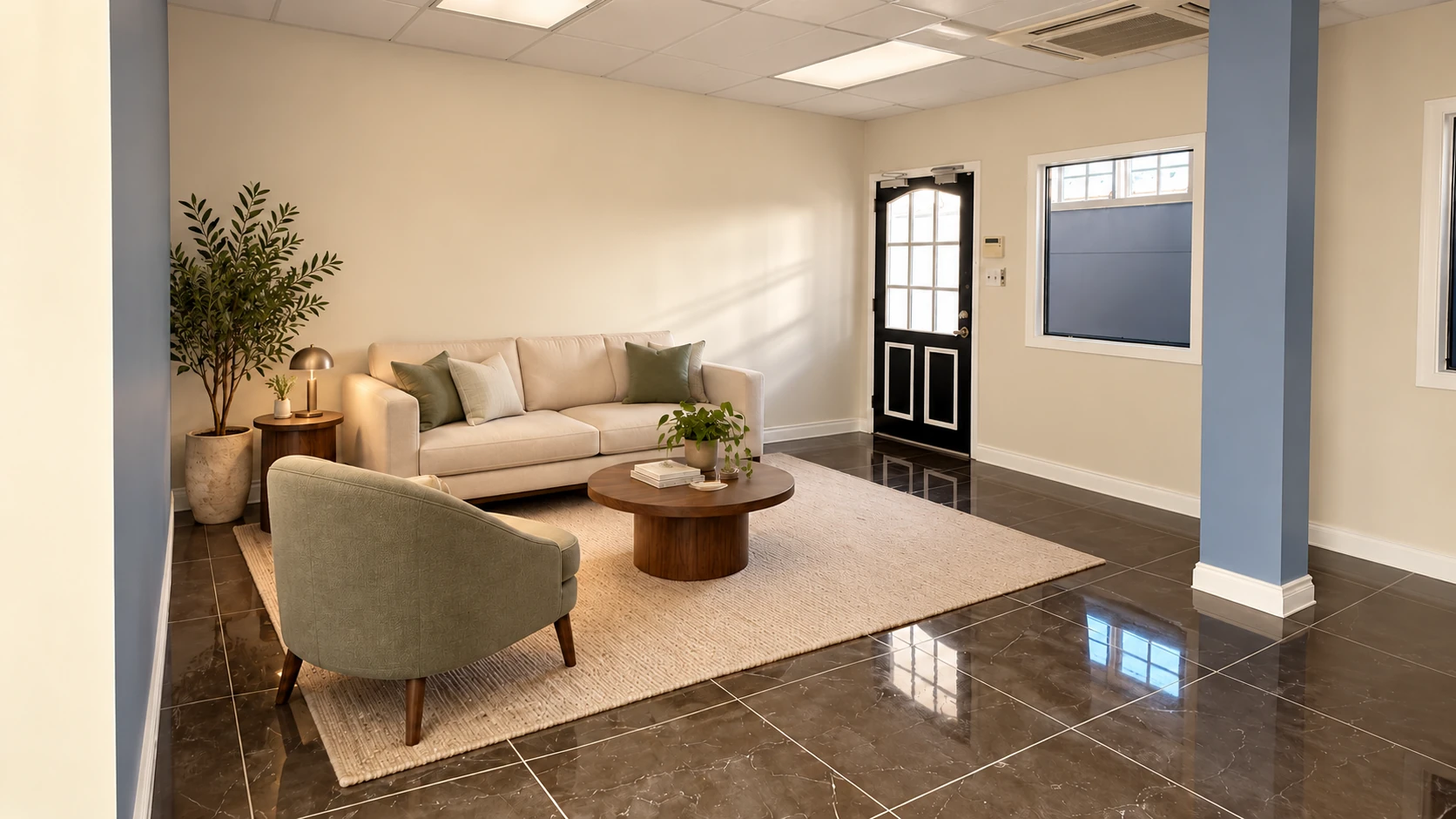 NEVI lobby with a sofa, lounge chair and round coffee table